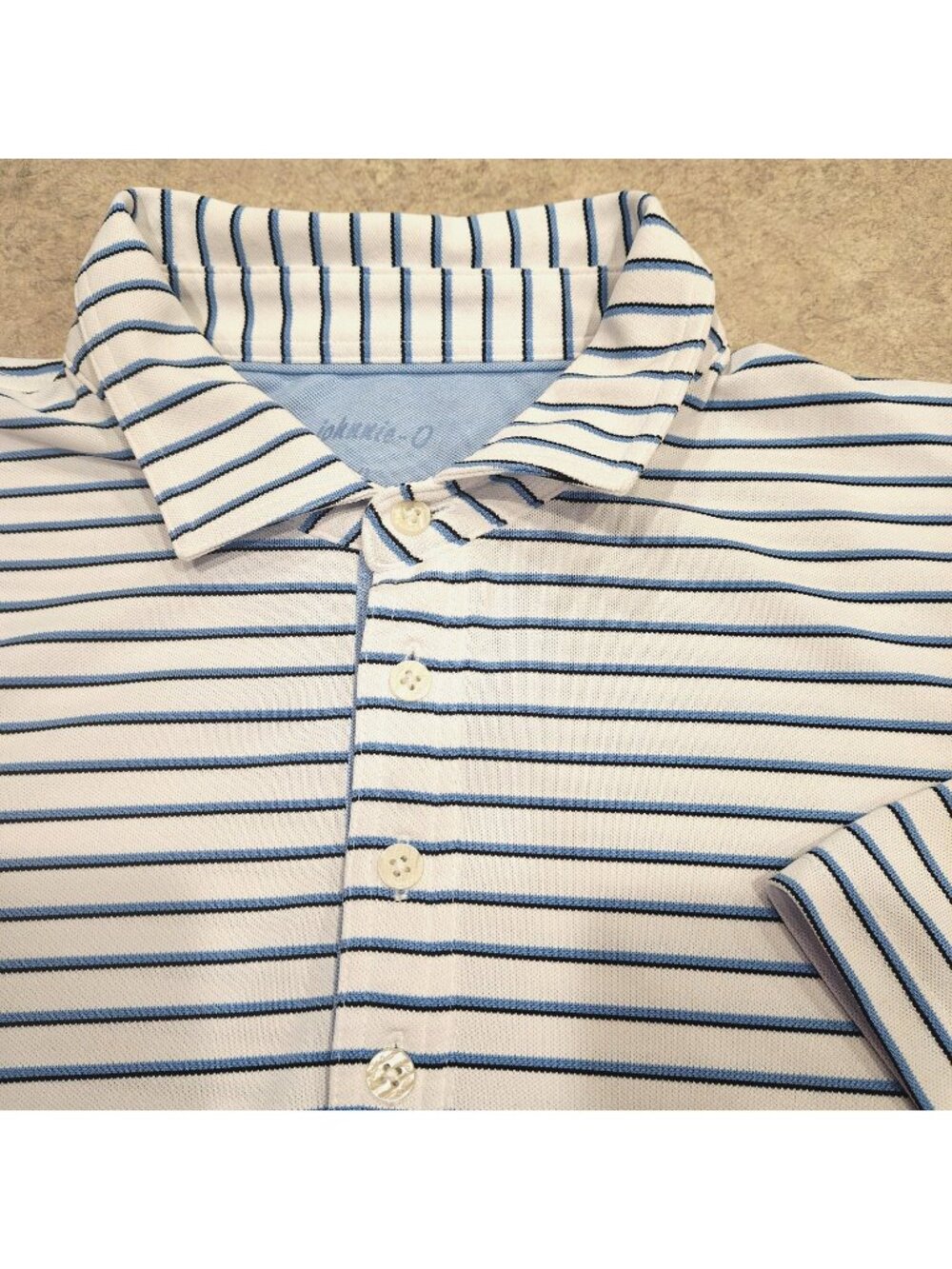 Johnnie-O Polo Shirt Mens XL White Blue Striped Stretch Golf Casual Performance
